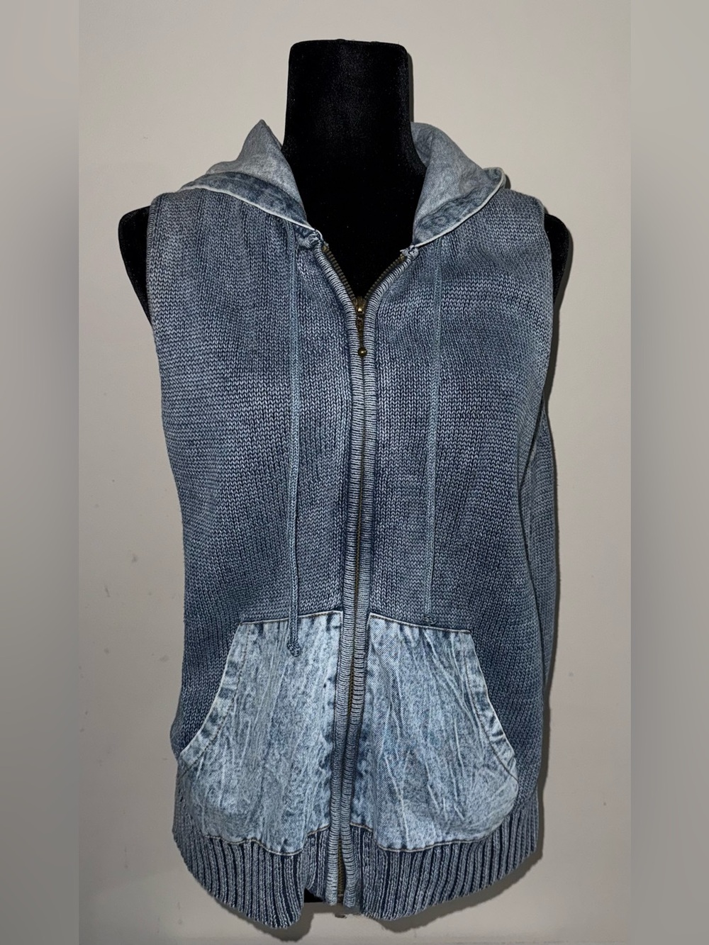 Vintage PBJ Blues Denim Knit Hooded Zip Vest Acid Wash Multi Texture Grunge L